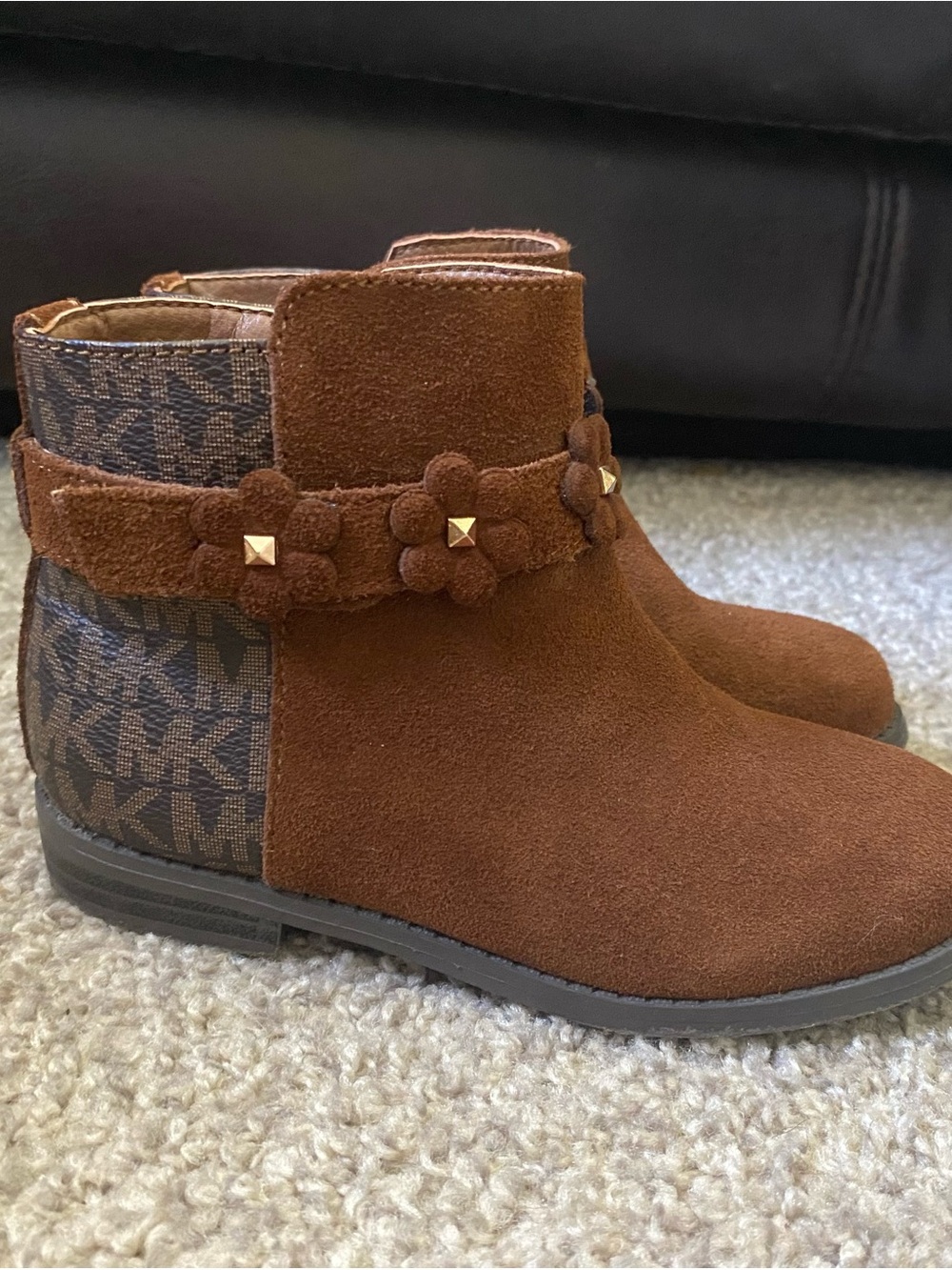 Michael Kors Emma Floral Embellished Brown Suede Logo Boots Girls Size 10 Kids